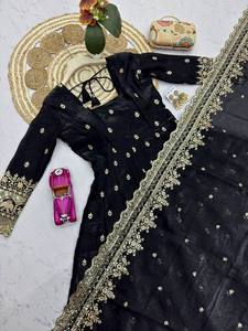 Costume Anarkali en soie noire brodée avec dupatta, tenue traditionnelle indienne et pakistanaise pour femmes, longueur au sol, pour mariage - Product Image 3
