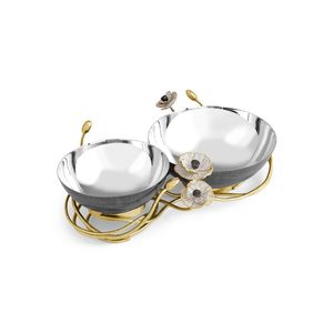 Cuenco de servir de acero inoxidable de 2 niveles con soporte de mimbre dorado |   Bandeja Moderna para Aperitivos con Diseño Floral |   Elegante Frutero para Fiestas de Boda - Product Image 1