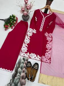 Ensemble Salwar Kameez en Soie Naturelle pour Femme, Broderie Lourde, Palazzo, Dupatta, Dentelle Florale, Tenue de Mariage et de Fête - Product Image 5