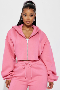 Custom <b>Cropped</b> <b>Zip</b>-<b>Up</b> Hooded Women's Cotton Hoodie and Pants Two-Piece Set Casual Sports Streetwear Short Coat Loose Fit - Product Image 4