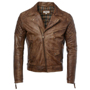 Veste en cuir véritable pour homme, coupe slim, fermeture éclair, col rabattu, marron, pour l'automne. - Product Image 1