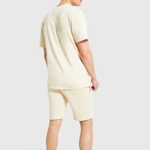 Men's Cream Cotton Crew Neck T-Shirt And Shorts <b>Set</b> Casual Summer Outfit Breathable <b>Knitted</b> Solid Color Two Piece Wear - Product Image 2