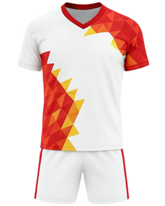 Ensemble maillot et short de football personnalisés blanc, rouge, jaune, imprimé par sublimation, polyester, uniforme sportif pour hommes, vêtements d'entraînement, équipe pro - Product Image 1