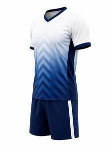Ensemble de football pour hommes, maillot à col en V à manches courtes, dégradé bleu et blanc, avec short marine, polyester respirant, coupe athlétique - Product Image 3