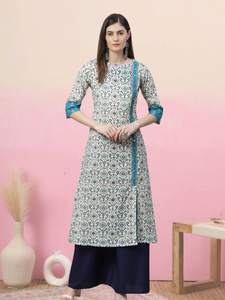 Colección de Verano: Anarkali y Kurta de Algodón con Estampado Floral e Ikat Dorado, Prendas Étnicas para Mujer de Secado Rápido y Protección Solar - Product Image 4