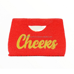 <b>Red</b> Beaded Clutch Bag with Yellow Cheers Script Handmade Evening <b>Purse</b> - Product Image 1