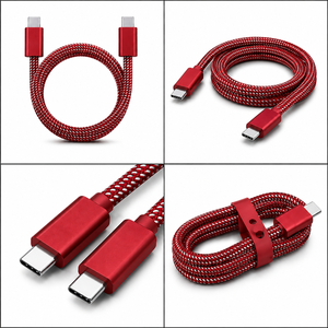 Red Nylon Braided Flat <b>Type</b>-<b>C</b> to <b>Type</b>-<b>C</b> 8PIN <b>USB</b> <b>Cable</b> with Right-Angle and Micro Connectors for IOS Mobile Phones Fast <b>Charging</b> - Product Image 1