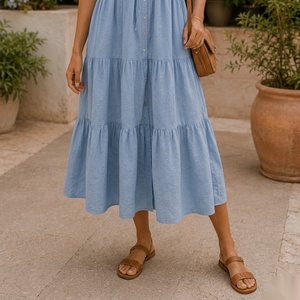 Vestido midi con cuello en V, sin mangas, corte en A, de algodón, informal, de verano, color liso, transpirable, ajuste holgado, cintura natural - Product Image 5