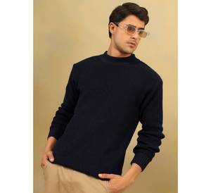 Pull en tricot épais pour homme, personnalisé, chaud pour l'hiver, bleu marine, texture gaufrée, col haut, décontracté, épais - Product Image 4