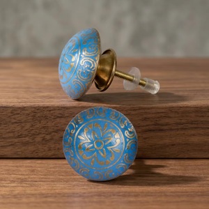 Boutons de meuble ronds en céramique bleue avec motif floral doré, style traditionnel, installation facile pour commode, armoire de cuisine - Product Image 1