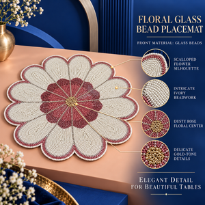 แผ่นรองจานลายดอกไม้สีชมพูอมเทาประดับด้วยลูกปัดแก้วสีงาช้างและลายทอง |   แผ่นรองโต๊ะทันสมัย ทนความร้อน เป็นมิตรกับสิ่งแวดล้อม ใช้งานได้ยาวนาน เพิ่มความหรูหรา - Product Image 5