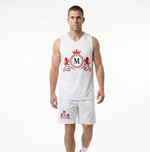 Men's White Sleeveless Basketball Uniform With Red Crown M Logo Print Breathable <b>Polyester</b> Athletic Wear V-Neck - Product Image 1