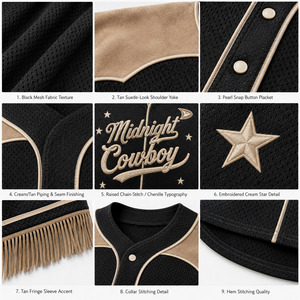 Camiseta de Béisbol Midnight Cowboy para Hombre, Negra con Bordado Dorado, Malla Transpirable, Manga Corta, Cierre de Botones, Corte Regular, para Adultos, Todas las Temporadas - Product Image 6