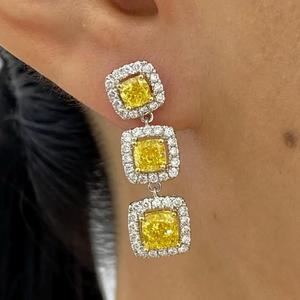 Yellow Cushion Cut <b>Diamond</b> Drop <b>Earrings</b> Halo Cluster <b>Dangle</b> <b>Earrings</b> Three Stone Canary Yellow <b>Diamond</b> Statement <b>Earrings</b> - Product Image 1
