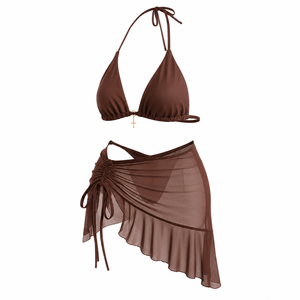Red <b>Triangle</b> <b>Bikini</b> Swimsuit <b>Set</b> Sheer Wrap Skirt Beachwear Swimwear for Women - Product Image 2