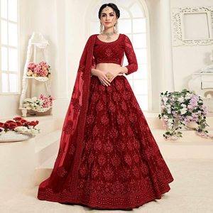 Lehenga choli งานตะเข็บโซ่ตาข่ายแฟนซีพร้อม dupatta สีแดง - Product Image 1