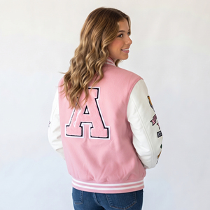 Veste universitaire pour femme avec logo personnalisé, manches en cuir blanc, coupe-vent en laine, manches amovibles, veste d'hiver en soie et lin, vente en gros - Product Image 3