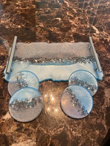 Resin Tray and Coaster <b>Set</b>: <b>Blue</b>, Silver Glitter, Custom Available - Product Image 5