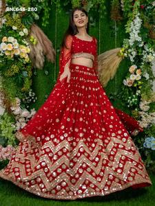 Lehenga-Choli Rojo de Alta Calidad con Diseño de Estrella Georgette y Lentejuelas, Bordado con Zari, Estilo Sitara, Proveedor Indio - Product Image 6