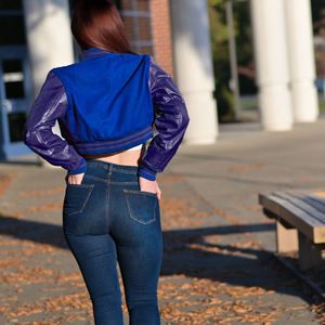 Veste courte universitaire pour femme, bleu roi et violet, style Letterman, manteau bomber, manches en similicuir, vêtement d'extérieur décontracté, mode féminine - Product Image 6