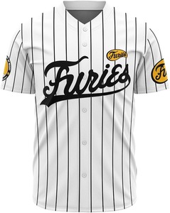 Maillot de baseball Furies pour homme, manches courtes, rayé blanc et noir, col en V, respirant, en polyester, avec logo sur le devant - Product Image 5