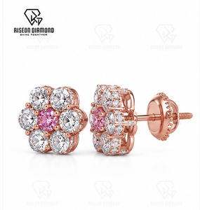 Elegant flower shaped <b>stud</b> earrings pink round center stone surrounded by brilliant lab grown diamonds secure screw back closure - Product Image 3