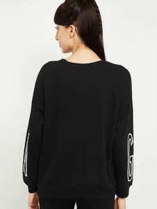 Sweat-shirt noir surdimensionné pour femme avec imprimé lettres blanches, épaules tombantes, manches longues, col rond, en coton tricoté, haut d'automne - Product Image 5
