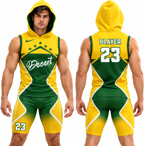 Ensemble de maillot de basket sans manches à capuche pour homme, vert et jaune, imprimé géométrique, sublimation, vêtements de sport respirants - Product Image 3