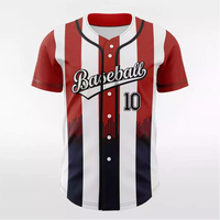 Jersey Baseball Sublimasi Custom Pria Merah Putih Biru Bergaris Lengan Pendek Kancing Depan Penyerap Keringat 100% Ukuran Besar