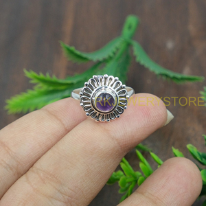 แหวนพลอยอเมทิสต์ธรรมชาติ เงินแท้ 925 แหวนลายดอกไม้ทำมือ แหวนคริสตัลสีม่วง เครื่องประดับพลอยประจำวันเกิดสำหรับผู้หญิง - Product Image 6