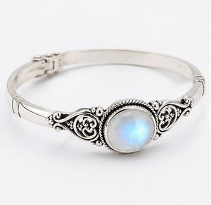 Rainbow Moonstone Silver Bangle, Moonstone <b>Bracelet</b>, Sterling Silver Gemstone Bangle, <b>Boho</b> Vintage Jewelry, Gift for Her - Product Image 3