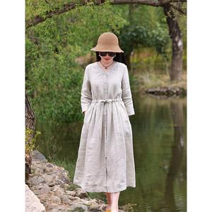 Vestido Maxi de Lino con Cuello en V Estilo Boho para Mujer, con Botones al Frente, Cintura Elástica, Corte Holgado, Manga Larga, Vestido Casual de Verano - Product Image 4