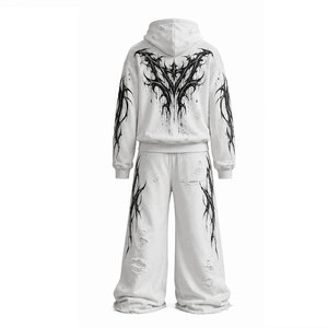 Ensemble de survêtement unisexe imprimé gothique, sweat à capuche et pantalon de survêtement, manches longues, coupe ample, blanc, noir, tribal, streetwear d'automne - Product Image 3