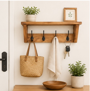 Perchero de pared rústico de madera maciza con estante y 5 ganchos de hierro fundido para la entrada, pasillo o cuarto de servicio, organizador para la decoración del hogar. - Product Image 4