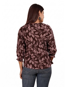 เสื้อชีฟองพิมพ์ลายสีน้ำตาลช็อกโกแลตสำหรับผู้หญิงพร้อมพู่คอจีนแขนสามส่วนทรงหลวมเสื้อลำลอง - Product Image 2