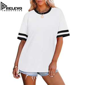 Women Oversized T-Shirt, Casual Varsity Stripe High Quality Short Sleeve Tee, Drop Shoulder Sporty Crewneck Top, Wholesale Shirt - Product Image 2