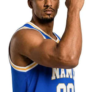 Maillot de basket-ball bleu pour homme, col en V, sans manches, impression sublimée, nom et numéro personnalisés 09, maille respirante, coupe régulière, 100% polyester - Product Image 4