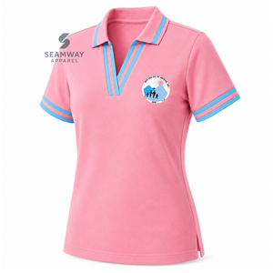 เสื้อโปโลผู้หญิง Jack And Jill Of America สีชมพู-น้ำเงินลายทาง คอวี ผ้าปิเก้ แขนสั้น ปักลายตราสัญลักษณ์ คอปก แบรนด์ Greek Life - Product Image 2
