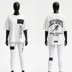 Ensemble femme : T-shirt blanc oversize en coton et élasthanne 240 GSM et legging 300 GSM avec logo en silicone, style streetwear - Product Image 1