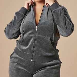 Ensemble de survêtement 2 pièces en velours gris foncé pour femme avec logo personnalisé, veste à capuche zippée et pantalon de jogging, coupe décontractée, collection automne - Product Image 3