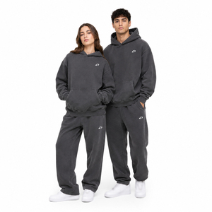Survêtement unisexe vintage gris foncé délavé à capuche en polaire, coupe oversize, décontracté, deux pièces, sweats à capuche et joggers, logo personnalisé, automne-hiver - Product Image 2