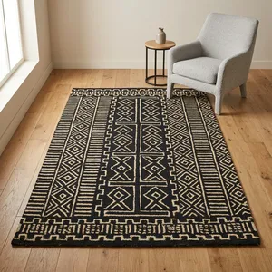 HILTEX Hand Tufted Modern Geometric Jute Eco-Friendly Cushioned Area <b>Rug</b> Rectangle <b>Black</b> Beige Low Pile Non-Slip Latex Backing - Product Image 2