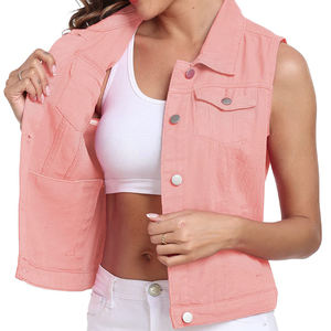 Women's Vintage <b>Lace</b> Waterproof Pink Denim Vest Sleeveless Turn-Down <b>Collar</b> Single Breasted Button Front Casual Outerwear - Product Image 5