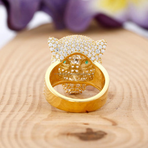 Panther Animal Inspired Wild <b>Cat</b> Iced Cut Moissanite Green-Eyed Rhodium Plated Pave Setting 925 Sterling Silver Engagement <b>Ring</b> - Product Image 3