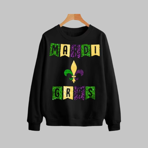 Sweat-shirt à manches longues à sequins, col rond, épaules tombantes, avec patchs de sequins, en coton, pour femme, coupe oversize, thème Mardi Gras, vente en gros - Product Image 1