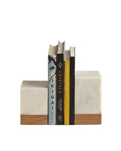 Sujetalibros de mármol y madera en oferta, base de madera, soporte para libros de mármol blanco, sujetalibros decorativos de lujo de piedra y madera, estantería moderna. - Product Image 1
