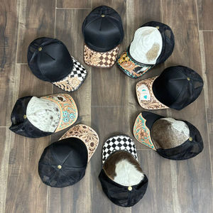 Casquette de camionneur en cuir de vache, bord à carreaux noir et blanc, dos en maille, style western, snapback unisexe, casquette de baseball réglable - Product Image 6