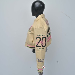 Beige Fish Leather Puffer <b>Jacket</b> Pink Printed K Logo Full Sleeve Turn-<b>down</b> Collar Zipper Closure Short Length Breathable - Product Image 4