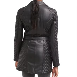 Women's Long Quilted PU Leather Jacket With Zipper Closure Turn-down Collar Autumn Style - Product Image 2