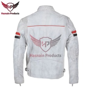 Chaqueta de Cuero Genuino Blanca para Hombre con Rayas Rojas y Negras, Estilo Motero, de Piel de Vacuno, con Efecto Desgastado, Estilo Cafe Racer, Personalizada, Cálida para Invierno - Product Image 5